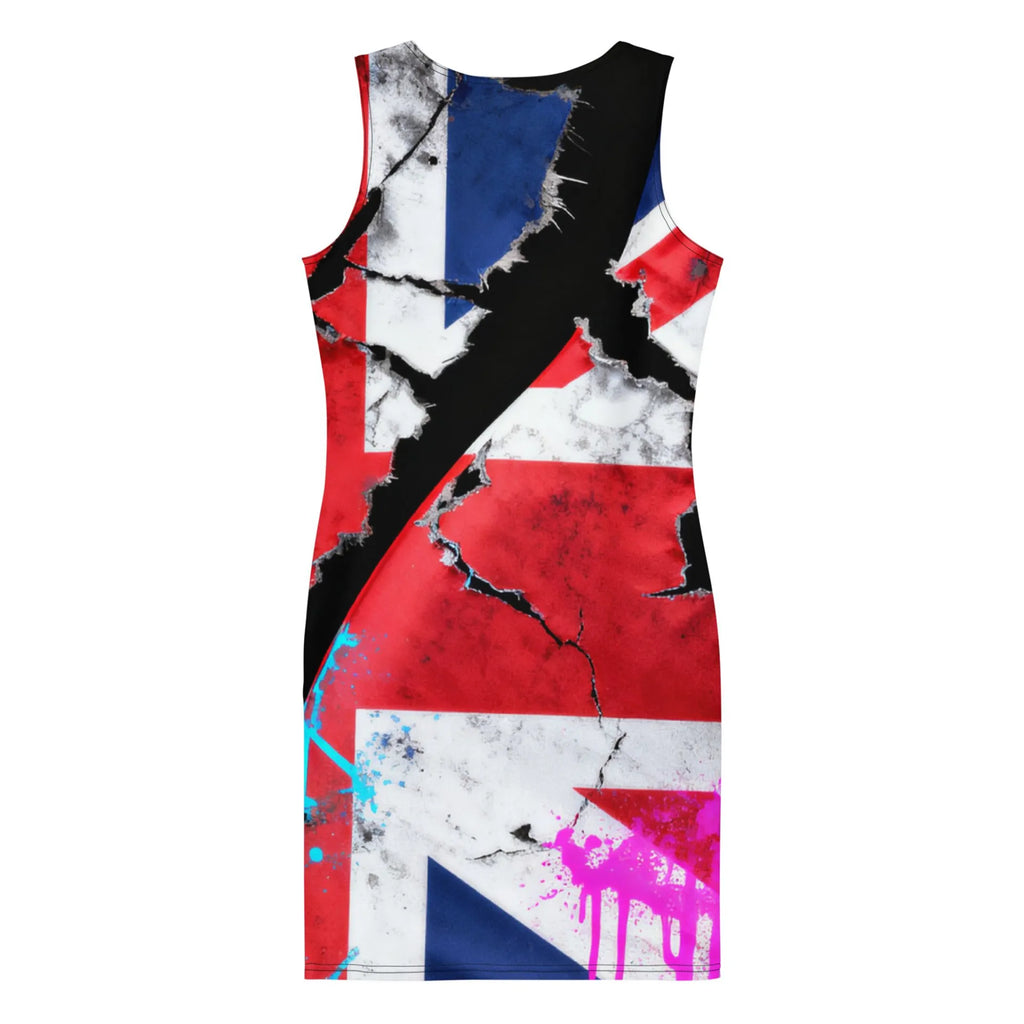 Al Hazzati United Kingdom 80s Punk Rock All-Over Print Bodycon Dress with a design featuring a UK flag and anarchy symbol. 