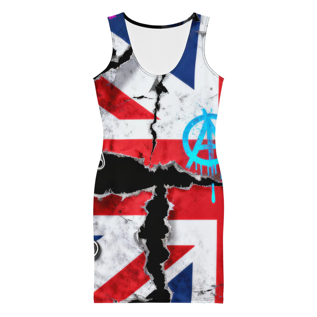 Al Hazzati United Kingdom 80s Punk Rock All-Over Print Bodycon Dress with a design featuring a UK flag and anarchy symbol. background
