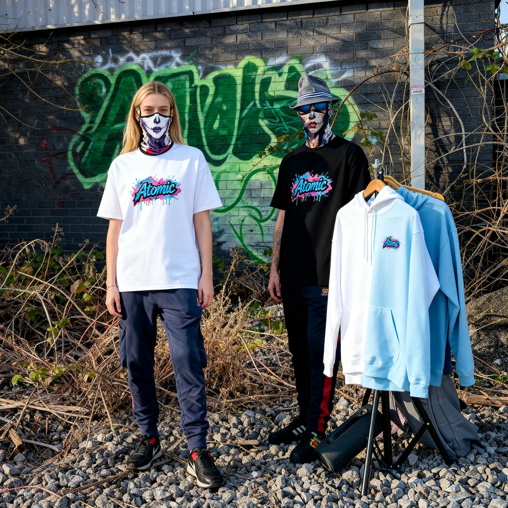 Sun Walkers wearing Al Hazzati Atomic New Wave t-shirts in Manchester graffiti location