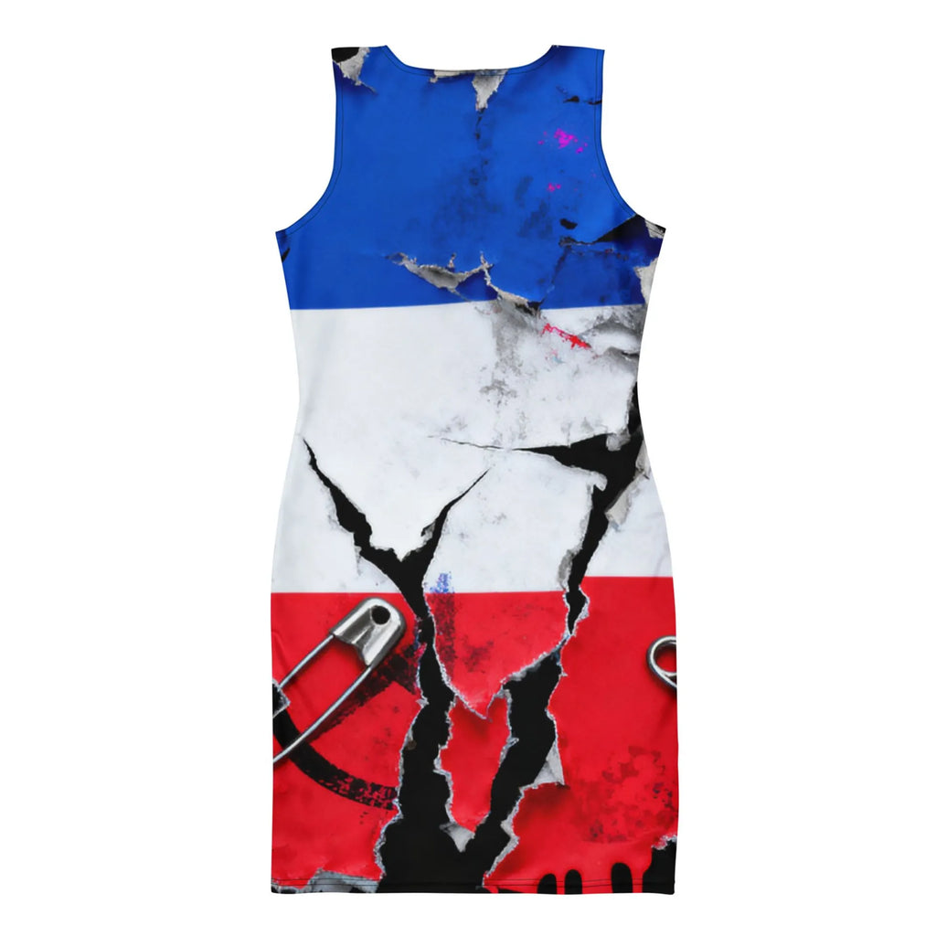 Al Hazzati French 80s Punk Rock Rue de Rivoli All-Over Print Bodycon Dress with a design featuring a French flag and anarchy symbol.