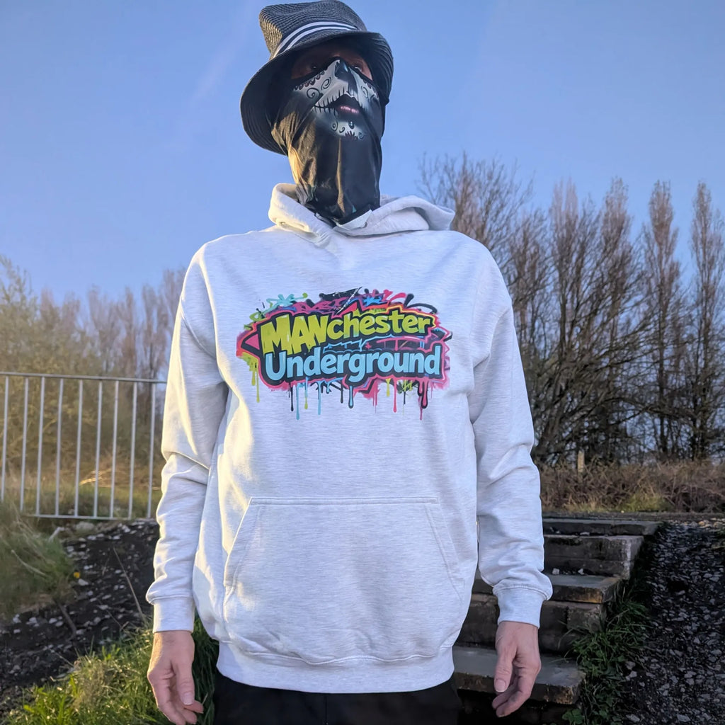 The Spirit Walker wearing Manchester Underground Ash Hoodie ash Manchester street location