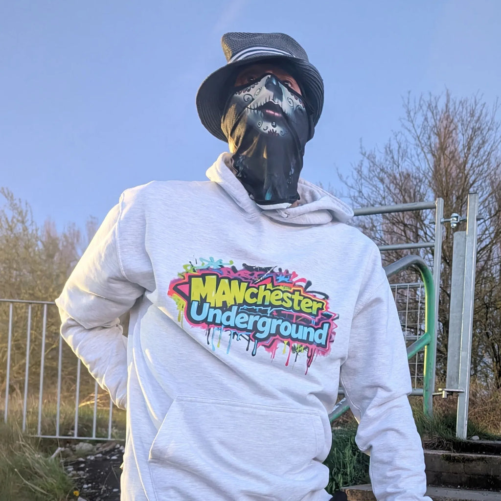 The Spirit Walker wearing Manchester Underground Ash Hoodie ash Manchester street location