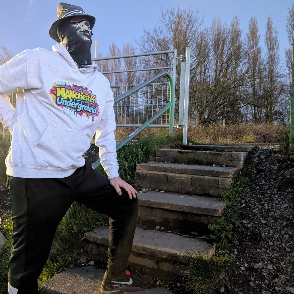 The Spirit Walker wearing Manchester Underground Ash Hoodie ash Manchester street location