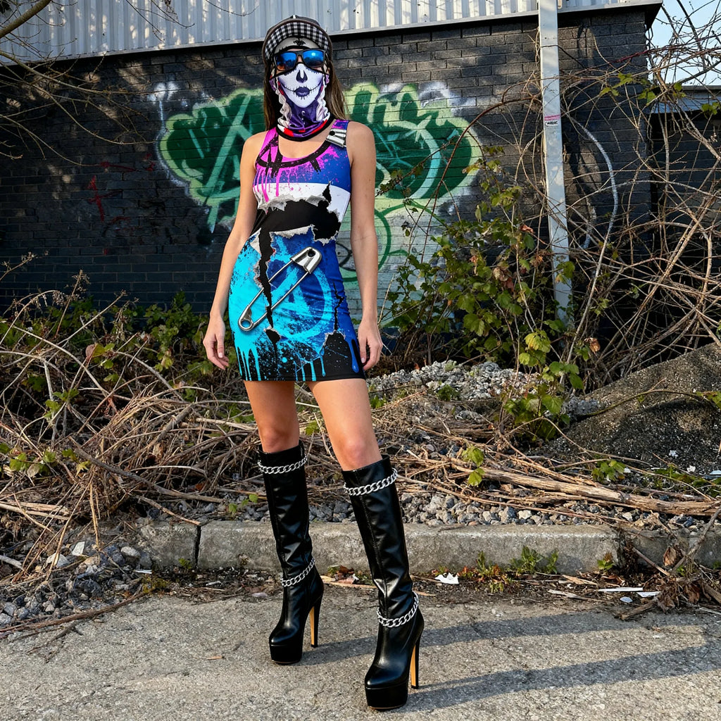 Sun Walker wearing Al Hazzati French 80s Punk Rock Rock Rue de Rivoli All-Over Print Bodycon Dress in Manchester graffiti location
