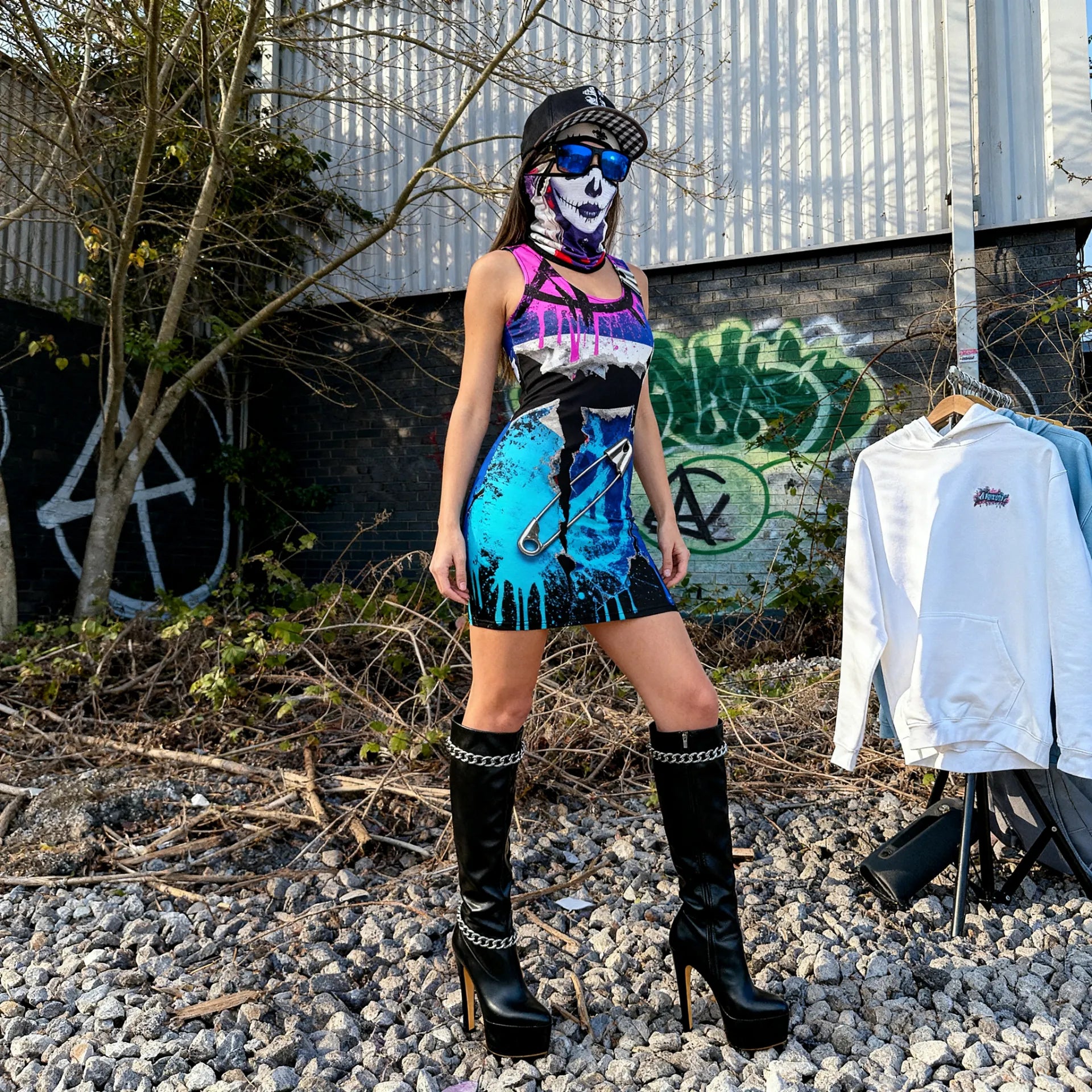 French 80s Punk Rock Rue de Rivoli All-Over Print Bodycon Dress