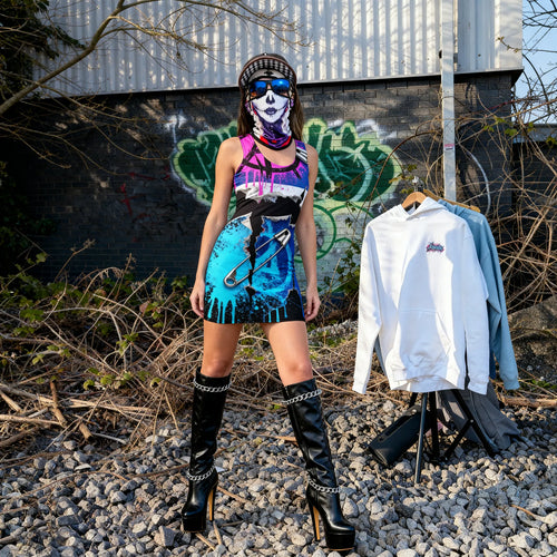 Sun Walker wearing Al Hazzati French 80s Punk Rock Rock Rue de Rivoli All-Over Print Bodycon Dress in Manchester graffiti location