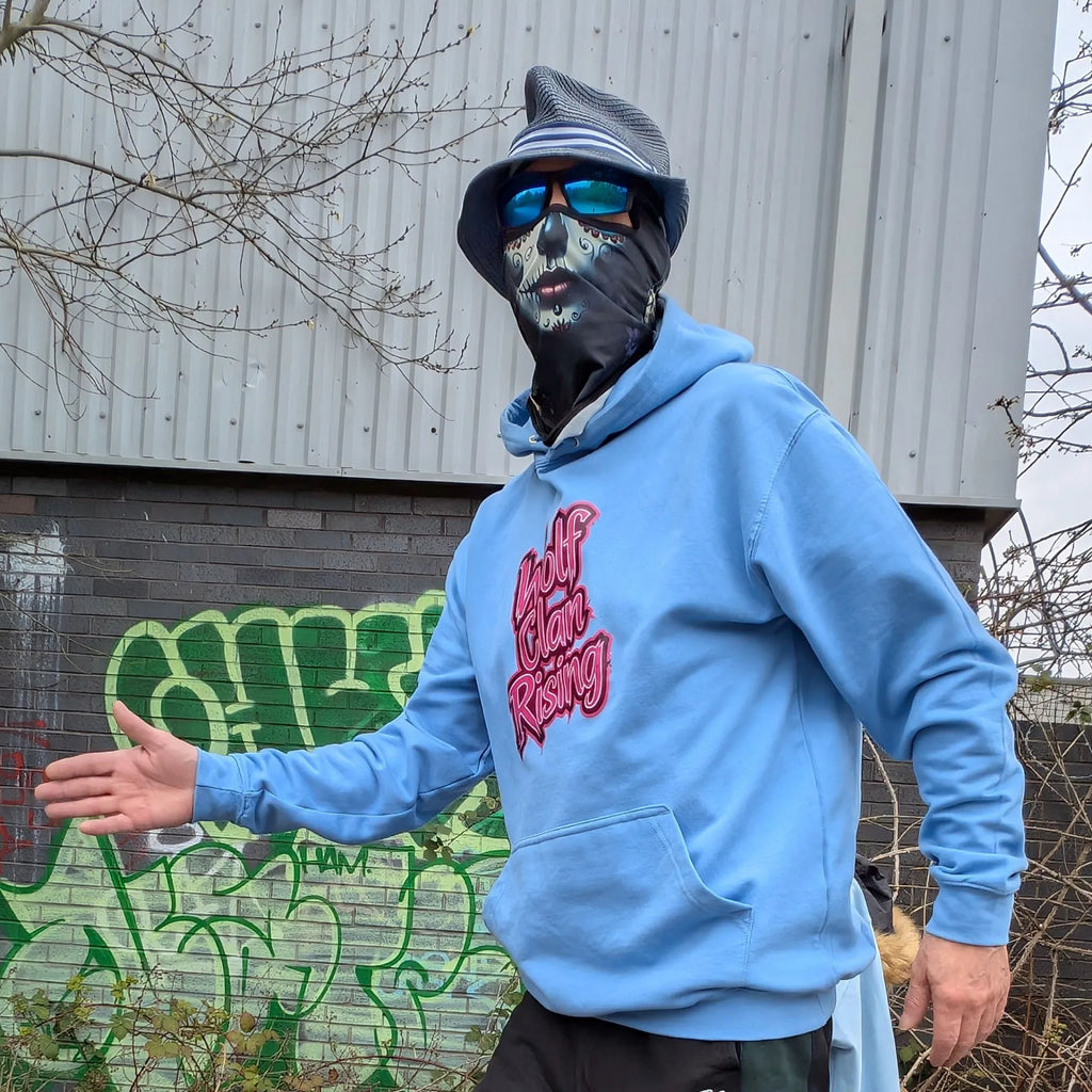 The Sun Walker wearing Wolf Clan Rising Fashion Hoodie Manchester graffiti location