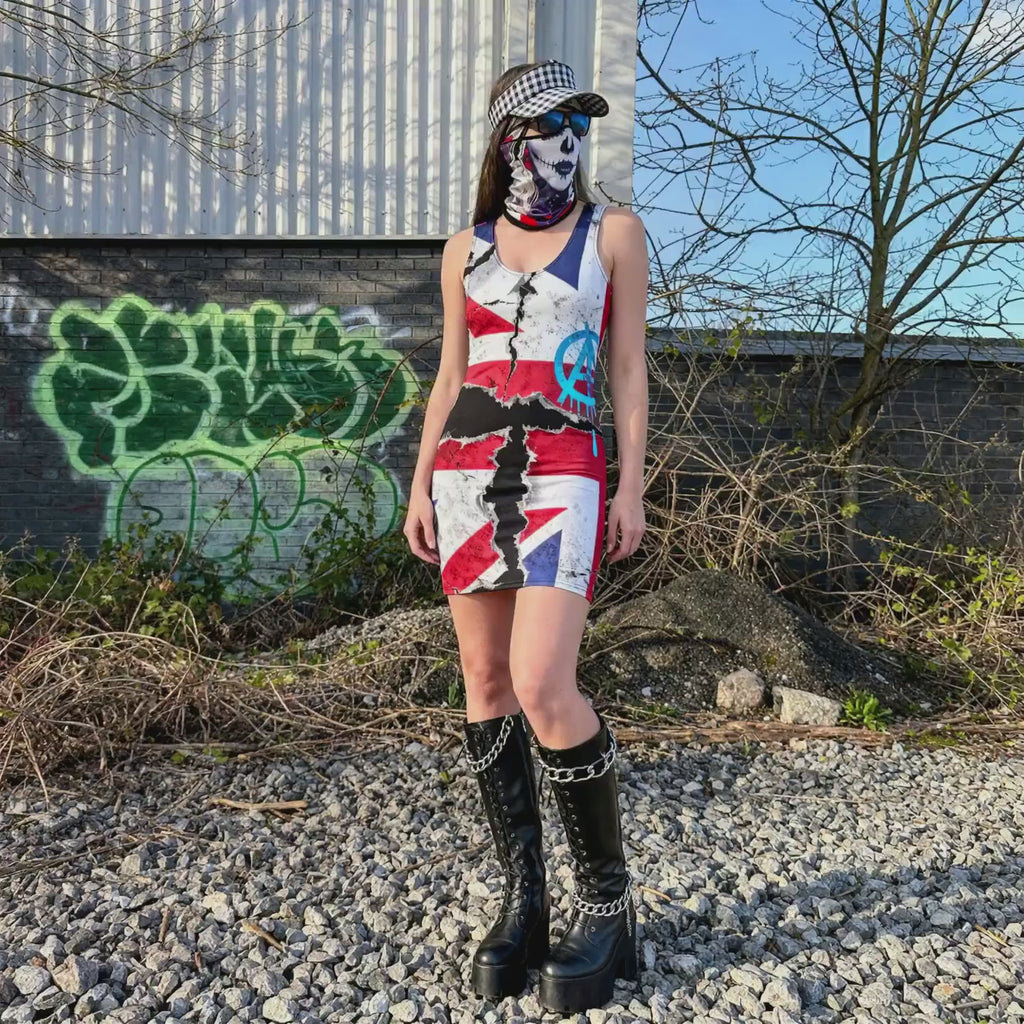 Sun Walker wearing Al Hazzati United Kingdom 80s Punk Rock All-Over Print Bodycon Dress in Manchester graffiti location